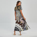 Steampunk Gears And Cogs Print Short Sleeve Maxi Dress