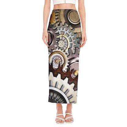 Steampunk Gears And Cogs Print Side Slit Maxi Skirt