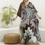 Steampunk Gears And Cogs Print Silk V-Neck Kaftan Dress