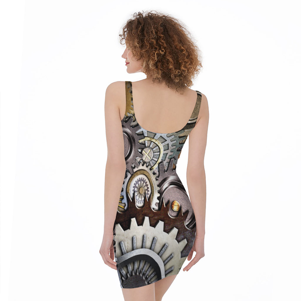 Steampunk Gears And Cogs Print Sleeveless Bodycon Dress