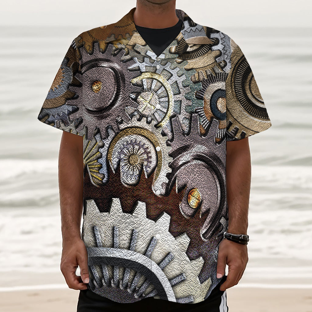 Steampunk Gears And Cogs Print Textured Short Sleeve Shirt