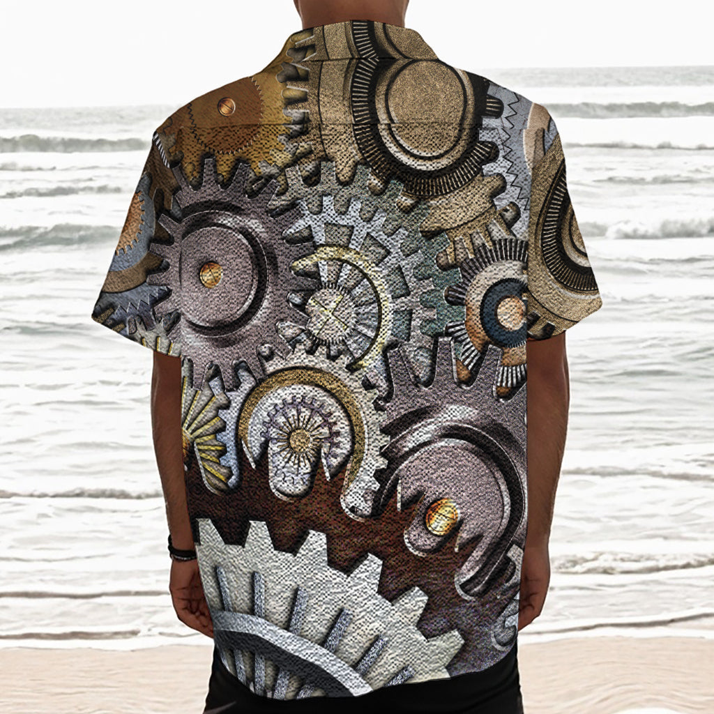 Steampunk Gears And Cogs Print Textured Short Sleeve Shirt