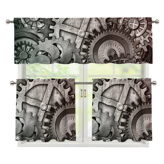 Steampunk Metal Gears Print 3 Piece Kitchen Curtains