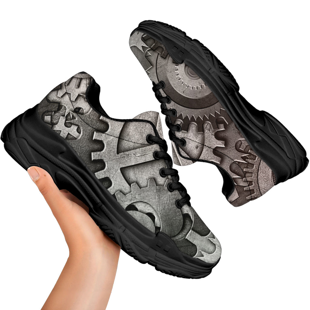 Steampunk Metal Gears Print Black Chunky Shoes