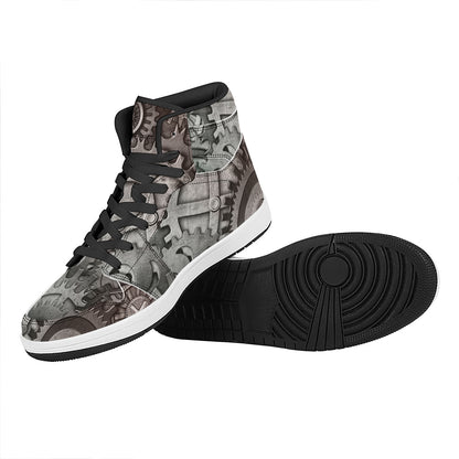 Steampunk Metal Gears Print High Top Leather Sneakers