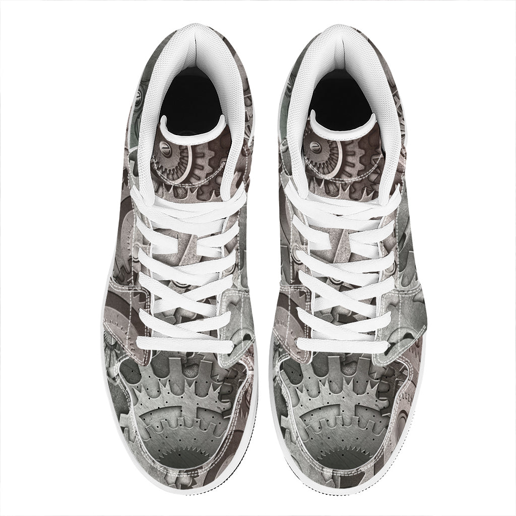 Steampunk Metal Gears Print High Top Leather Sneakers