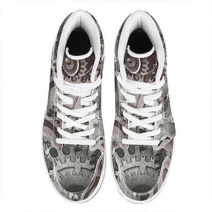 Steampunk Metal Gears Print High Top Leather Sneakers