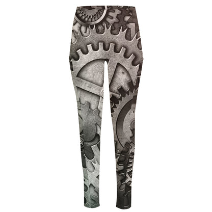 Steampunk Metal Gears Print High-Waisted Pocket Leggings