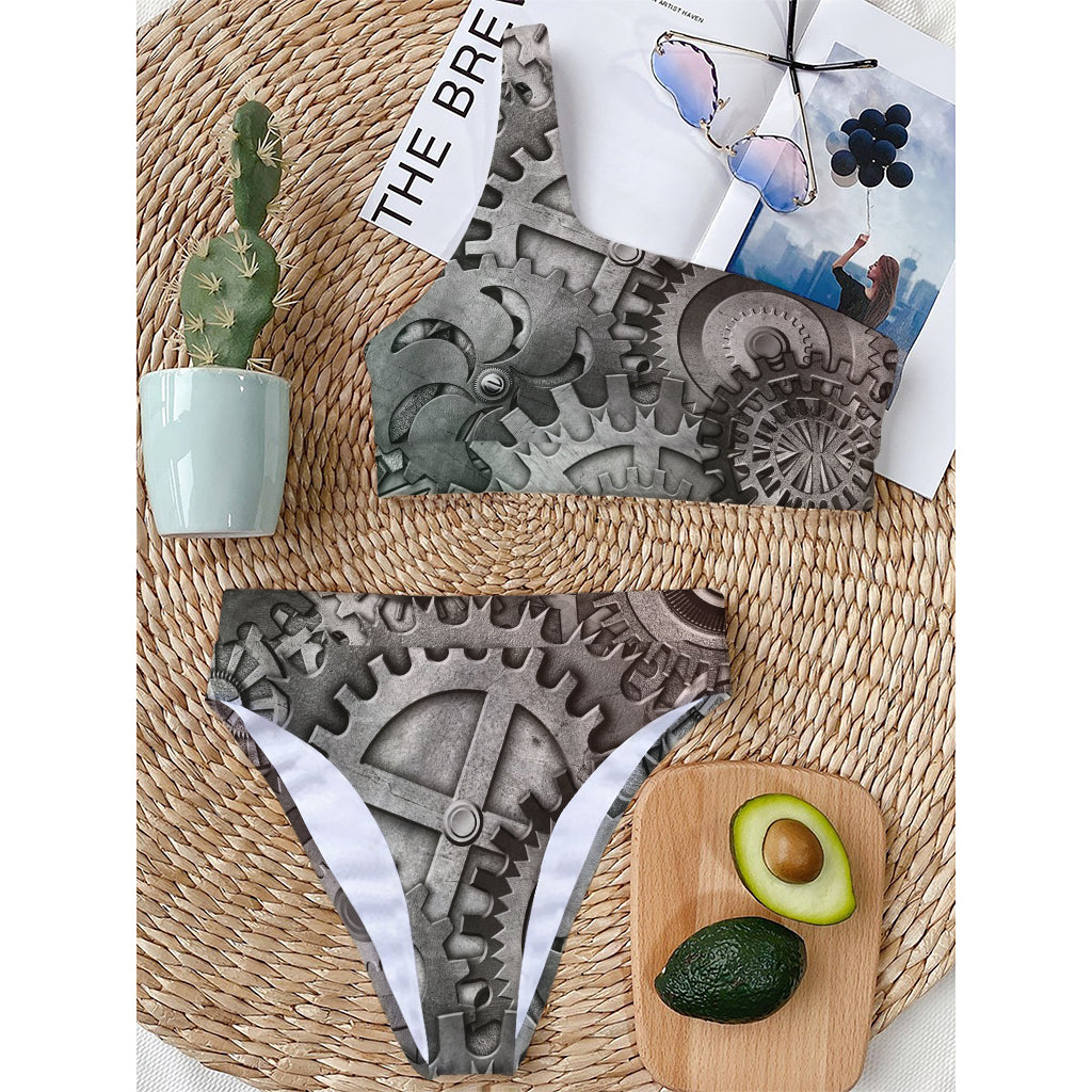 Steampunk Metal Gears Print One Shoulder Bikini Top