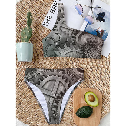 Steampunk Metal Gears Print One Shoulder Bikini Top