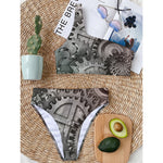 Steampunk Metal Gears Print One Shoulder Bikini Top
