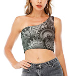 Steampunk Metal Gears Print One Shoulder Crop Top