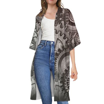 Steampunk Metal Gears Print Open Front Beach Cover Up