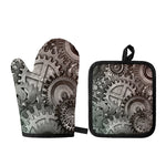 Steampunk Metal Gears Print Oven Mitt And Pot Holder Set