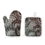Steampunk Metal Gears Print Oven Mitt And Pot Holder Set