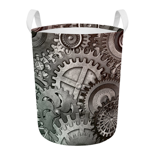Steampunk Metal Gears Print Round Laundry Basket