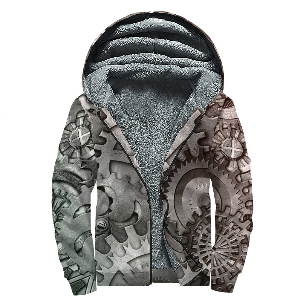 Steampunk Metal Gears Print Sherpa Lined Zip Up Hoodie