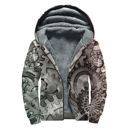 Steampunk Metal Gears Print Sherpa Lined Zip Up Hoodie