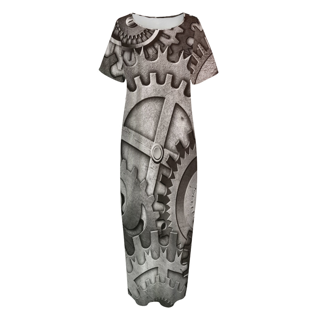 Steampunk Metal Gears Print Short Sleeve Long Nightdress