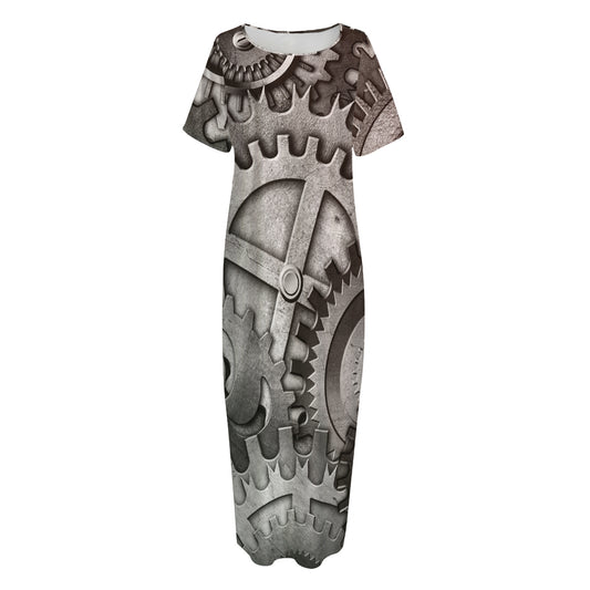Steampunk Metal Gears Print Short Sleeve Long Nightdress