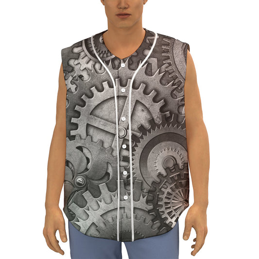 Steampunk Metal Gears Print Sleeveless Baseball Jersey