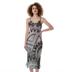 Steampunk Metal Gears Print Slim Fit Midi Cami Dress