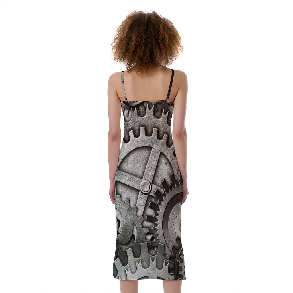 Steampunk Metal Gears Print Slim Fit Midi Cami Dress