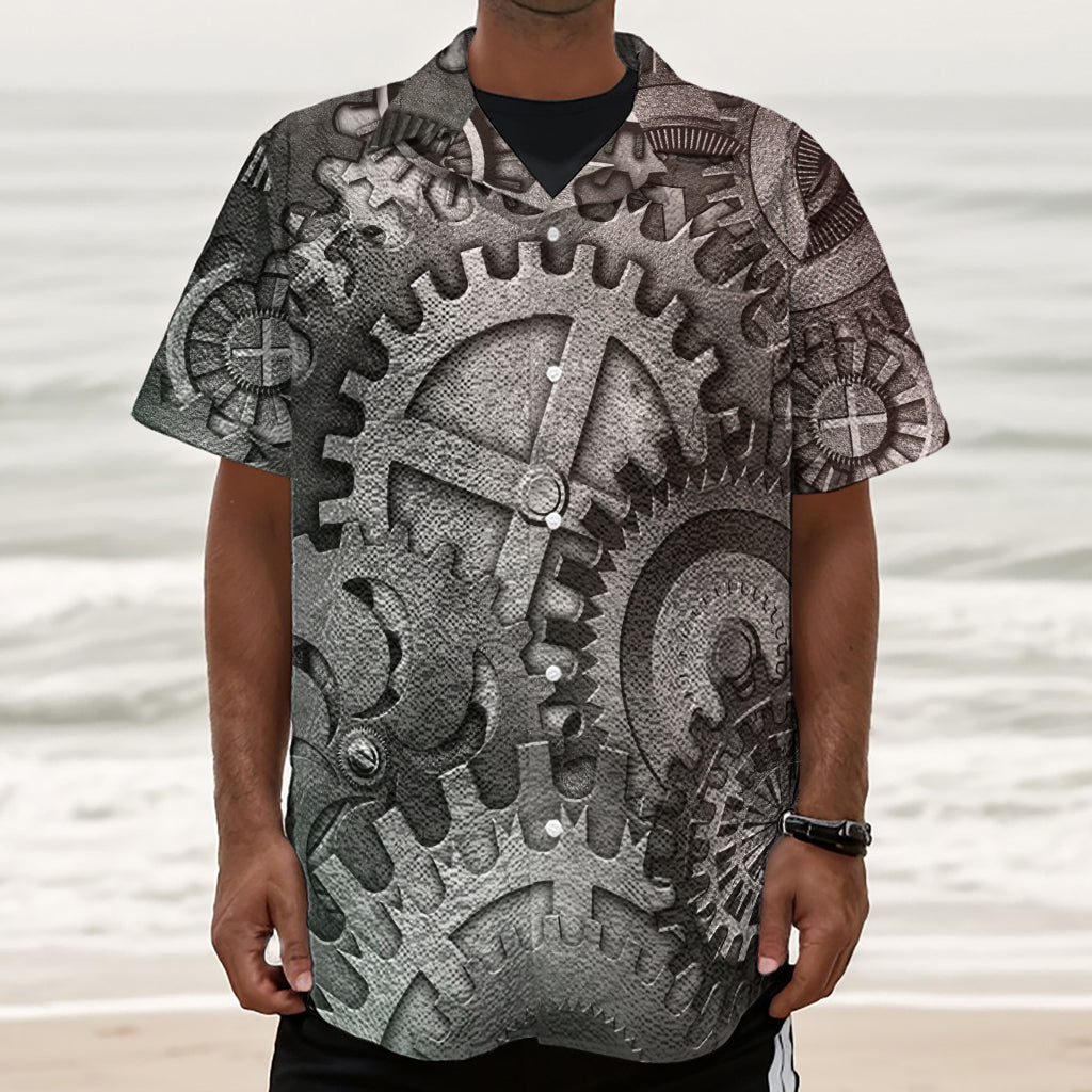 Steampunk Metal Gears Print Textured Short Sleeve Shirt
