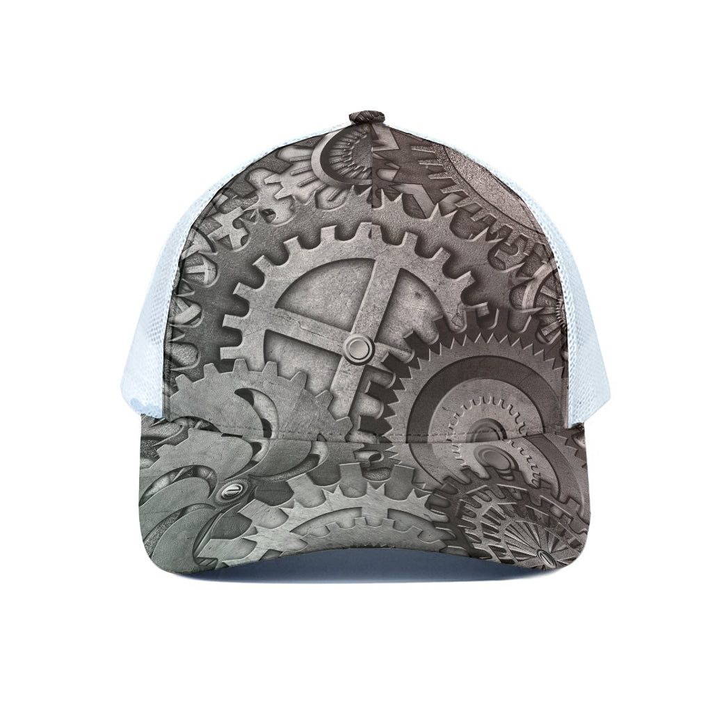 Steampunk Metal Gears Print White Mesh Trucker Cap