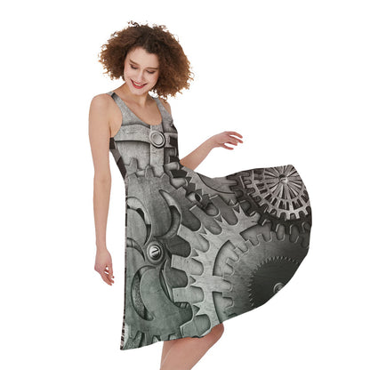 Steampunk Metal Gears Print Women's Sleeveless Dress