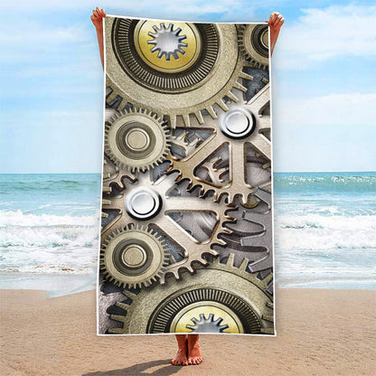 Steampunk Metallic Gears Print Beach Towel