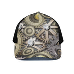 Steampunk Metallic Gears Print Black Mesh Trucker Cap