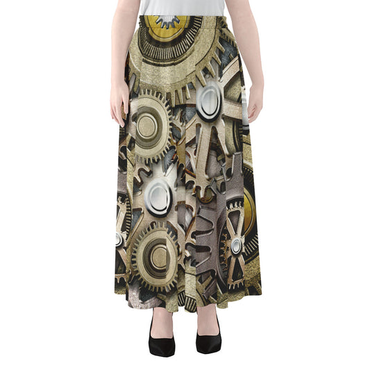 Steampunk Metallic Gears Print Chiffon Maxi Skirt