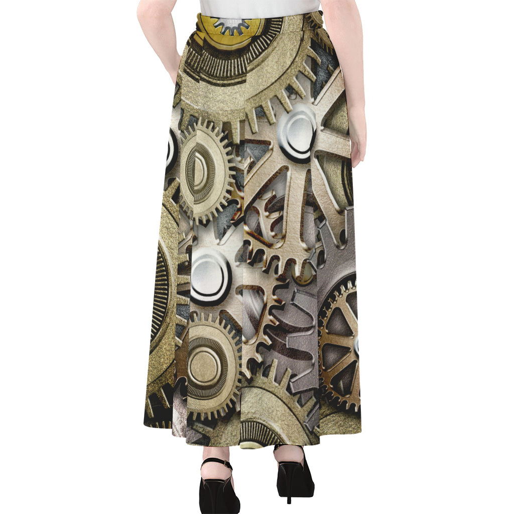 Steampunk Metallic Gears Print Chiffon Maxi Skirt
