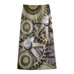 Steampunk Metallic Gears Print Cotton Front Slit Maxi Skirt