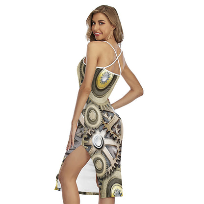 Steampunk Metallic Gears Print Cross Back Cami Dress