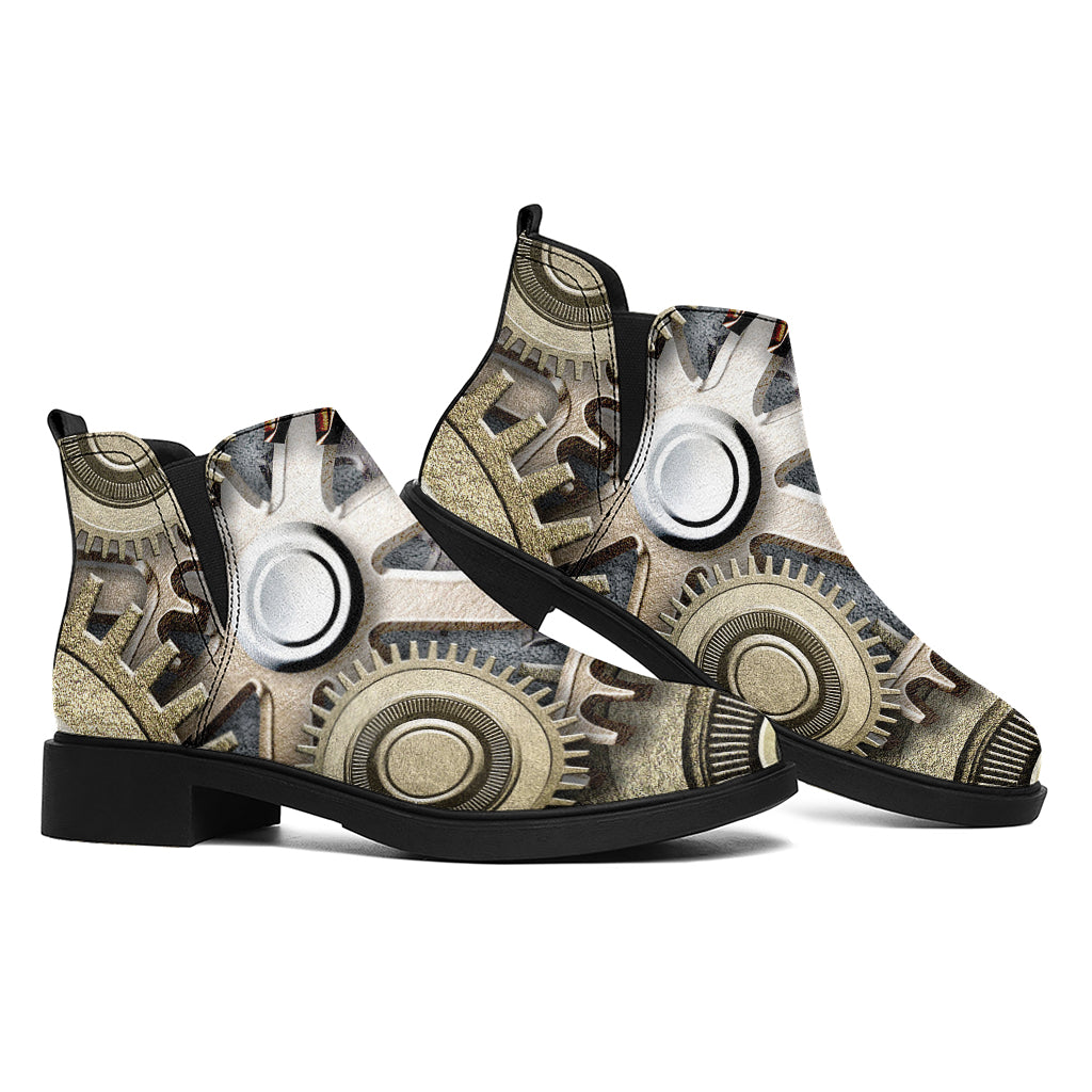 Steampunk Metallic Gears Print Flat Ankle Boots