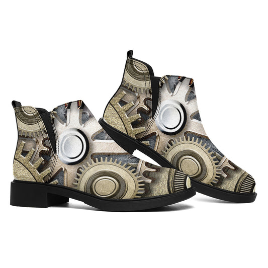 Steampunk Metallic Gears Print Flat Ankle Boots