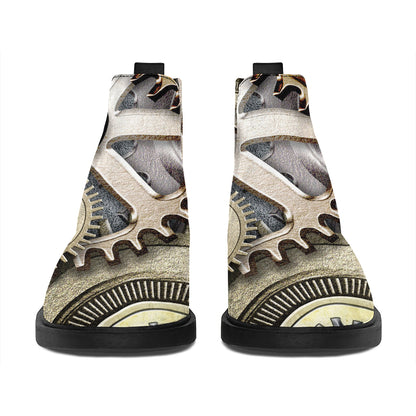Steampunk Metallic Gears Print Flat Ankle Boots