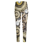 Steampunk Metallic Gears Print High-Waisted Pocket Leggings