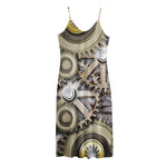 Steampunk Metallic Gears Print Jersey Midi Cami Dress