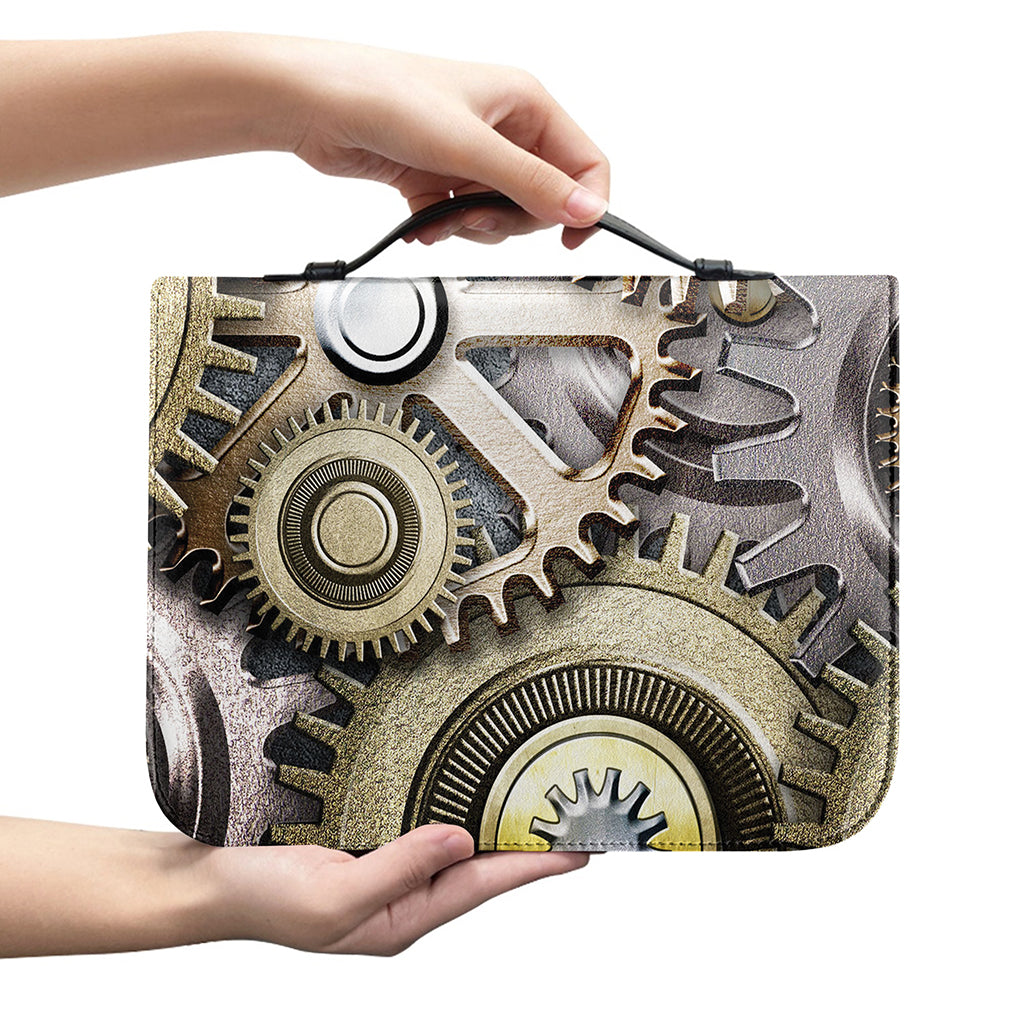 Steampunk Metallic Gears Print Leather Bible Cover