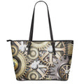 Steampunk Metallic Gears Print Leather Tote Bag With Zipper