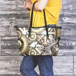 Steampunk Metallic Gears Print Leather Tote Bag