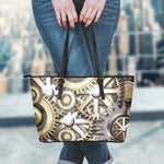 Steampunk Metallic Gears Print Leather Tote Bag