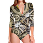 Steampunk Metallic Gears Print Long Sleeve Swimsuit