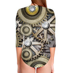Steampunk Metallic Gears Print Long Sleeve Swimsuit