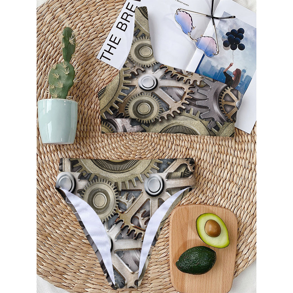 Steampunk Metallic Gears Print One Shoulder Bikini Top
