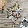 Steampunk Metallic Gears Print One Shoulder Bodysuit