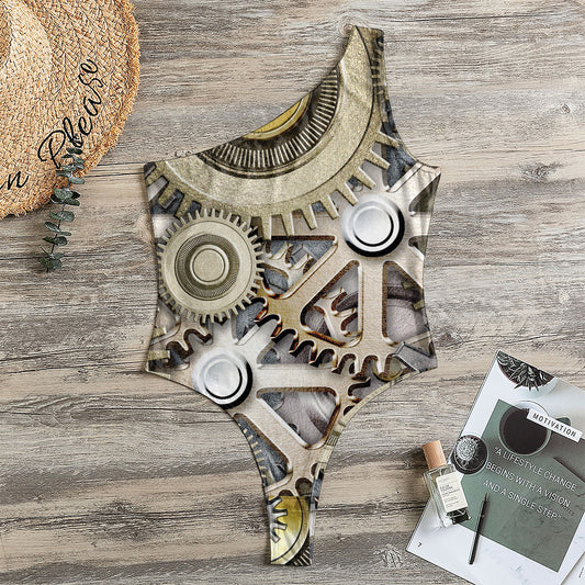 Steampunk Metallic Gears Print One Shoulder Bodysuit